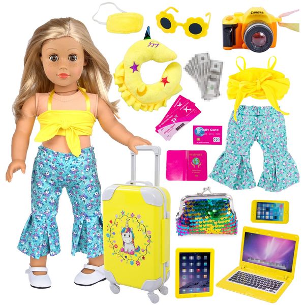 25pc Yellow 18 inch Dolls Travel Suitcase Play Set Doll Clothes and Accessories Include Luggage Camera Computer Glasses Pillow etc (No Doll)