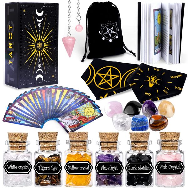 YixangDD Tarot Cards with Guide Book 18 Pcs Include 1 Deck of 78 Cards 、6 Mini Crystal Jars，7 Chakra Stones,1 Spirit Pendulum，1 Cloth ，1Goddess of Earth Pendulum mat，1 Velvet Bag