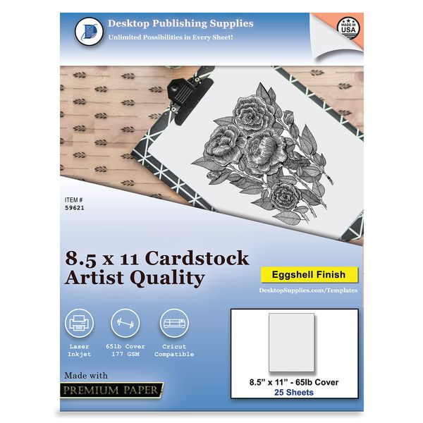 8.5" x 11" Cardstock - White Artist Eggshell Finish - 65lb Cover (177 gsm) - (25 Sheets) - Works on Inkjet or Laser Printers - Great for Cards, Menu's, Posters, Covers