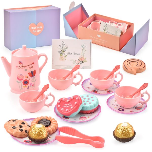 Flormoon Little Girl Tea Set, 22PCS Kids Play Tea Set, Pretend Kitchen Toy, Learning Pretend Play Toy for Children Tea Party and Fun