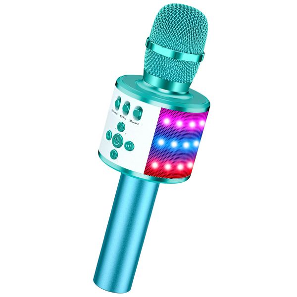 BONAOK Bluetooth Wireless Karaoke Microphone with LED Lights,4-in-1 Portable Handheld Mic with Speaker Karaoke Player for Singing Home Party Toys Birthday Gift for Kids Adults Girls Q78(Ice Blue)