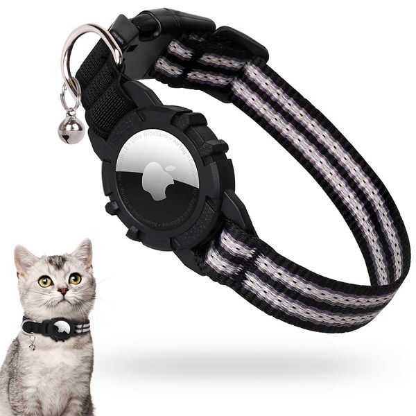 AirTag Katzenhalsband, Integriertes Apple Air Tag Katzenhalsband, Reflektierendes GPS Katzenhalsband mit AirTag Halter und Glocke [Schwarz], Leichte Tracker Katzenhalsbänder für Mädchen Jungen Katzen