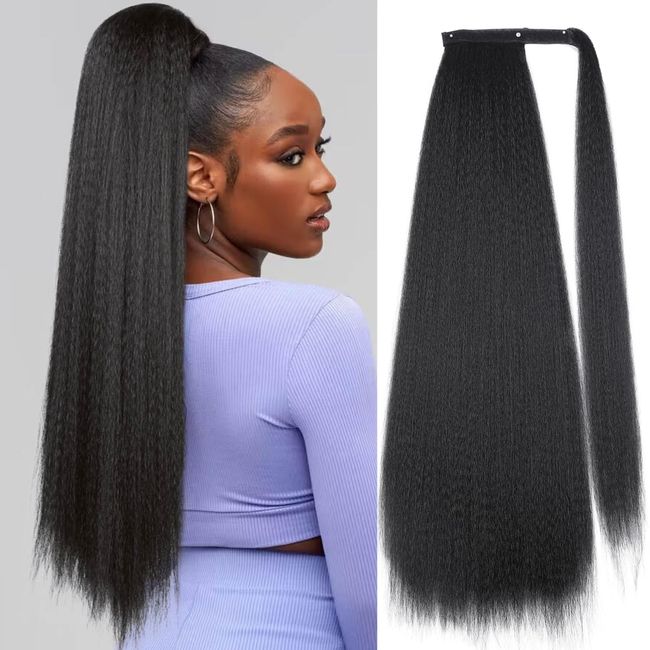 WIGER Kinky Straight Ponytail Extension 30 inch Long Yaki Straight Ponytail Extension Natural Black Hairpiece for Women Wrap Around Ponytail for Black Women