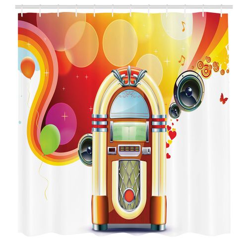 Ambesonne 1950s Shower Curtain, Party Abstract with Detailed Classic Juke Box Celebration Colored Cheerful Fun Event, Cloth Fabric Bathroom Decor Set with Hooks, 69" W x 84" L, Yellow Red