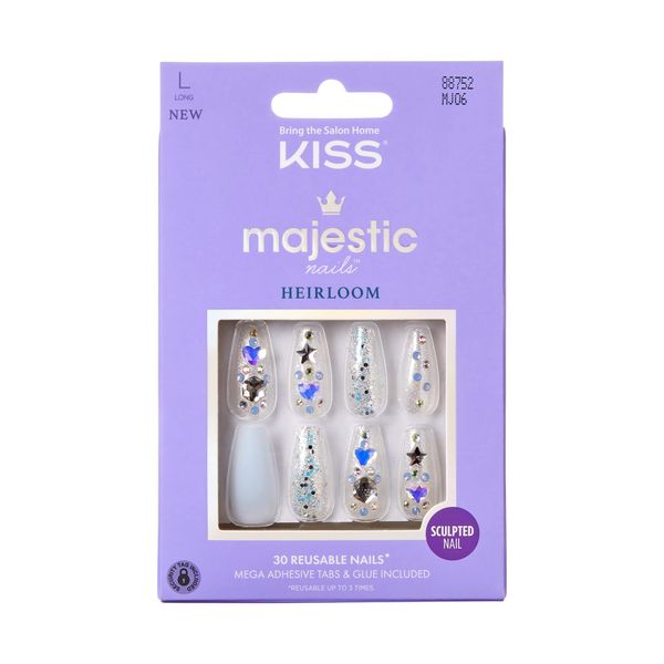 KISS Majestic Press On Nails, Nail glue included, Your Grace', Light Blue, Long Size, Coffin Shape, Includes 30 Nails, 2g glue, 2 Prep Pads, 2 of 24 Adhesive tabs, 2 manicure sticks, Mini file