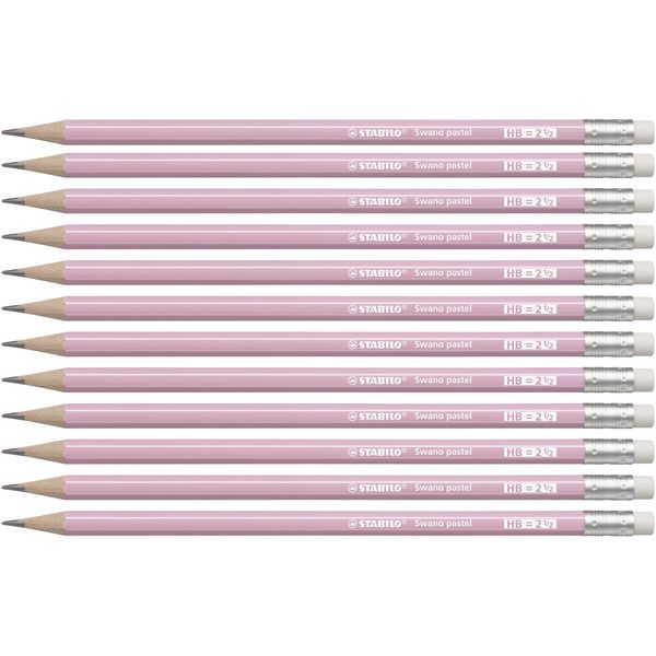 Graphite Pencil with Eraser - STABILO Swano Pastel - Pack of 12 - Pink - HB