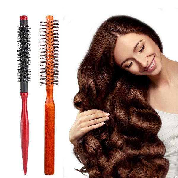 2Pcs Small Round Brush for Blow Drying, Round Brush Curling Brush Mini Hair Brush Nylon Bristles Blow Drying Comb with Wooden Handle Hair Styling Brush Hairbrush for Wet Hair Bangs Beard Styling