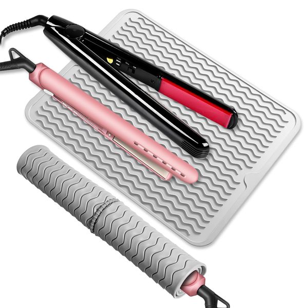 Ptwola Oversize Heat Resistant Mat Silicone Curling Iron Cushion Portable Hot Tools Straightener Pad with Ties Flat Iron Holder for Women Ceramic Hair Curler Brush Hot Hair Styling Accessory(Grey)