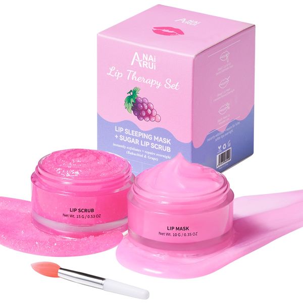 ANAiRUi 2-in-1 Lip Care Set, Bakuchiol & Grape Natural Cosmetics Lip Mask for the Night, Sugar Lip Scrub with Exfoliation, Lip Balm Mask and Lip Sugar Exfoliating Set for Repairs Lips