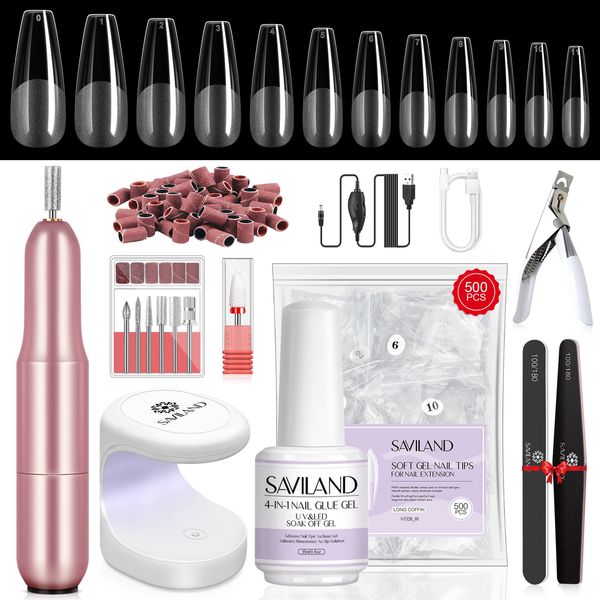 SAVILAND Gel X Nail Kit: All-in-1 Beginner Gel Nail Kit with Nail Drill 0.5Oz Nail Glue Gel 500PCS Long Coffin Nail Tips U V Lamp Acrylic Nail Kit Home Salon DIY Nail Art Gel Kit Manicure Gift