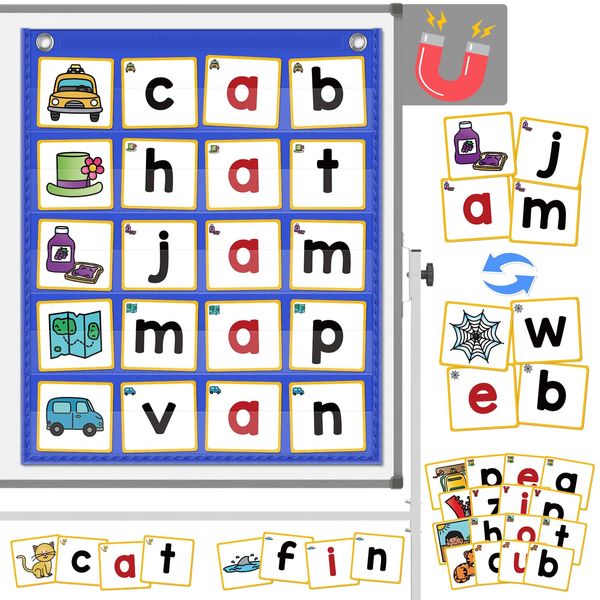 ABCxGOOD CVC Word Building Pocket Charts with 64 Phonics Flash Cards Kindergarten Classroom Must Haves, CVC Literacy Games for Beginners in Reading and Spelling.