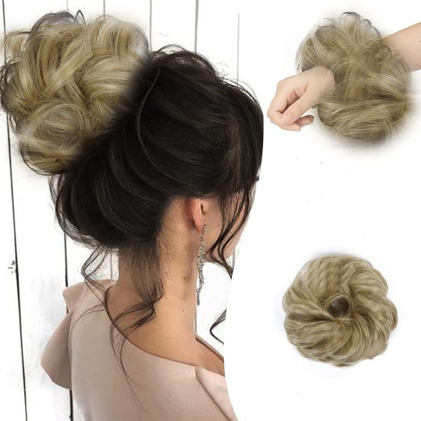 FAMIDIQGO Bun Hair Piece 100% Human Hair Messy Rose Buns Hair Piece for Women Real Hair Scrunchies Updo Hair Pieces Bun Extension Ponytail(Light brown color)