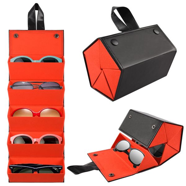 SZYMWS Sunglasses Case Organizer 5 Slot Travel Glasses Case Multiple Sunglasses Holder Organizer Eyeglasses Storage Box (Black+Red)