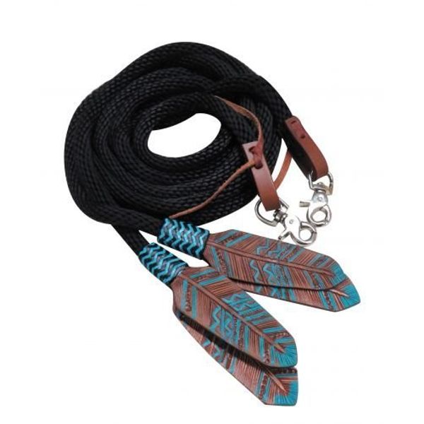 Showman 8' Round Braided Nylon Split Reins w/Teal Painted Feather Poppers