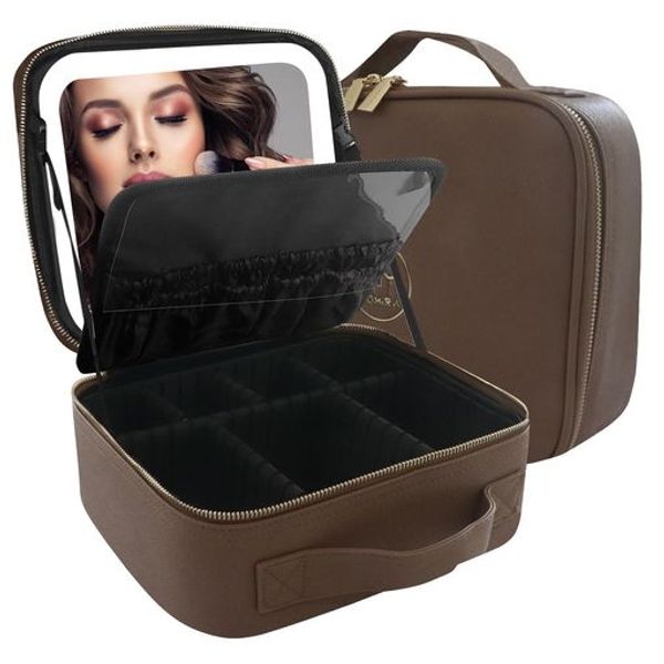 MOMIRA Makeup Box with Mirror, Cosmetic Storage Box, Cosmetic Box, Makeup Case with Adjustable Dividers, 3 Color Adjustable LED Lights, Makeup Brush Case, Handheld, Large Capacity, Freestanding, Professional, Portable, Travel - Brown