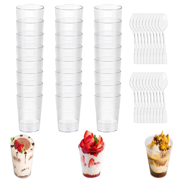 BluVast Dessertgläser Klein, Mini Dessertgläser, 50 Stück Dessertbecher Plastik, 90ML Dessertbecher mit Löffeln, Wiederverwendbare Dessertbecher, Plastik Dessertbecher für Eiscreme Mousse