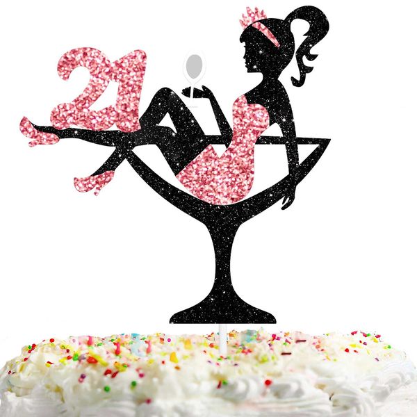 Sitting Girl Cake Topper Picks for Girl Lady 21st Birthday Makeup Spa Theme Party Decoration Supplies 21 Silhouette High Heeled Girl Cake Decor Rose Gold Glitter