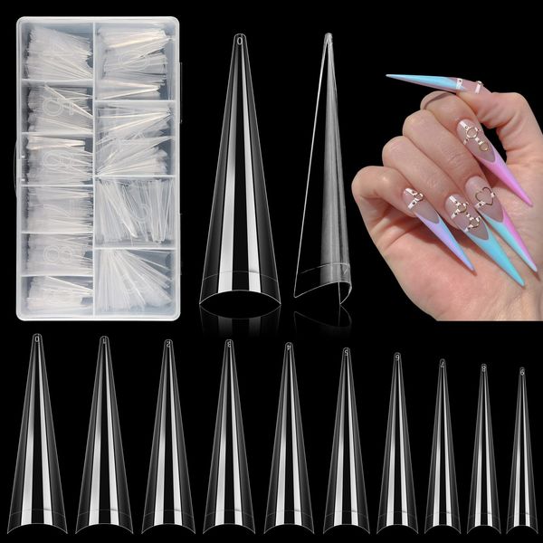 500Pcs Stiletto Nail Tips for Acrylic Nails, XL Long Clear False Nails Tips Soft Traceless, Half Cover Tapered Square False Nail Tips for Nail Extension Nail Art, Home DIY Nail Salon 10 Sizes