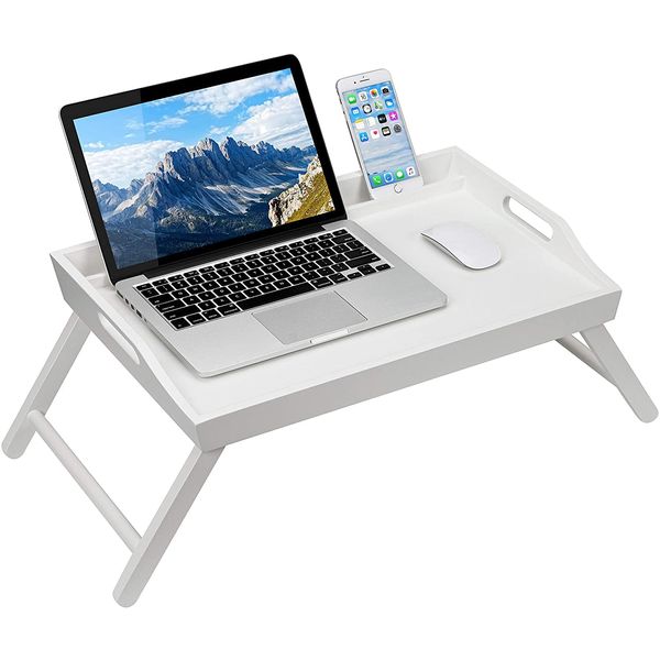 Unibos Bamboo Bed Tray Table with Foldable Legs and Tablet Phone Slot, Breakfast Tray for Sofa, Bed, Eating, Working, Used As Laptop Desk Snack Tray (White)