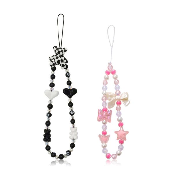 MultiValue 2 Pcs Mobile Phone Charms, Cute Bow Beaded Phone Charm Strap Anti Lost Bling Crystal Flower Phone Chain Charm Wristband Key Chain Mobile Phone Bracelet Lanyard for Women Girl (01#)