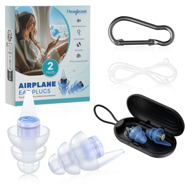 Hearprotek Ear Plugs for Flying, 2 Pairs Reusable Silicone Flight 24db Noise Reduction Earplugs for Air Pressure with Carrying Case, Travel Essentials for Adults M&L Size