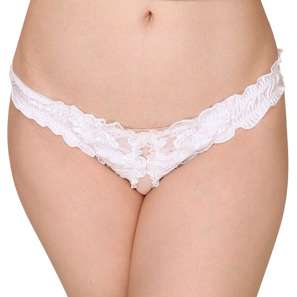 Ferrica & Flower Lace Crotch Open Thong White