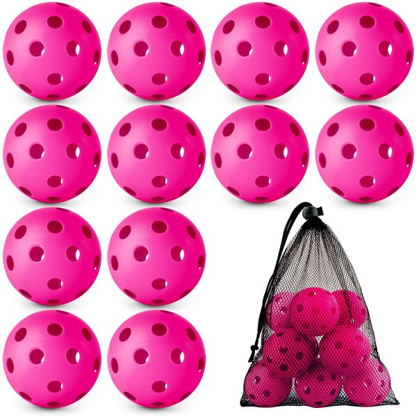 Coopay 12 Pack Baseball Practice Baseballs Plastic Hollow Soft Balls with a Drawstring Bag for Hitting, Baseball Training Indoor Outdoor Use (Pink)