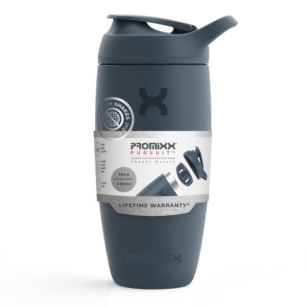 Promixx Pursuit Shaker Bottle Insulated Stainless Steel Water Bottle and Blender Cup, 550ml, Midnight Blue