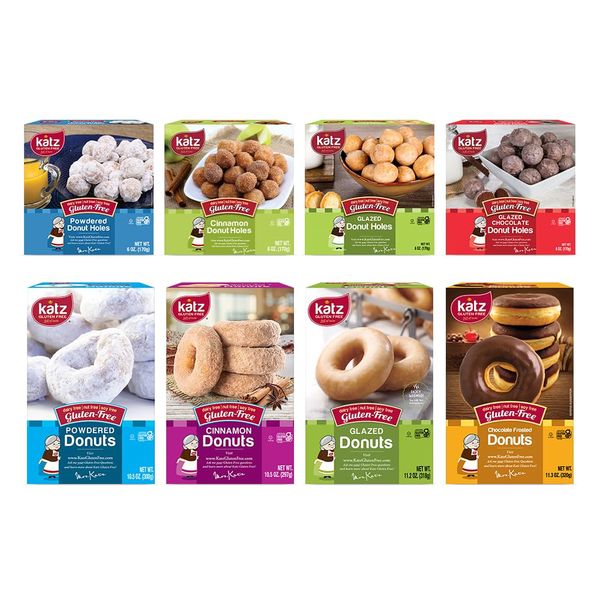 Katz Gluten Free Donuts & Donut Holes Top 8 Flavors Variety Pack | Gluten Free, Dairy Free, Soy Free, Nut Free | Powdered, Glazed, Cinnamon, Glazed Chocolate | Kosher (1 Pack of each, 8 Total))