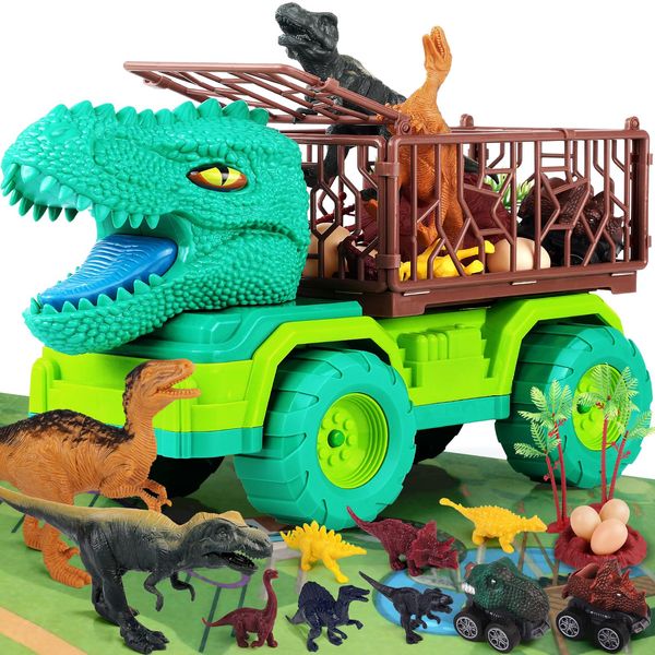 JoyBuilders 18 in 1 Dinosaur Toys for Kids 3-5, Dinosaur Truck Toys for Kids with 2 Pull Back Cars, 8 Dino Figures, Dinosaur Toys for Boys and Girls, Birthday Party Favors&Christmas Presents for Kids