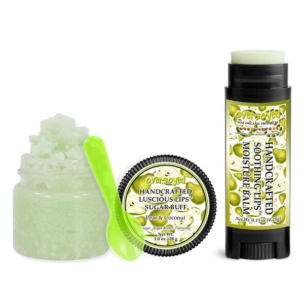 Pear & Coconut Soothing & Luscious Lips by OverSoyed Exfoliator & Chapped Lip Repair Lip Care Combo | Artisan Handcrafted to Order Juicy Pear Sweet Coconut Flavored Exfoliating Sugar Lip Scrub & Lip Moisturizer Balm Gift Set