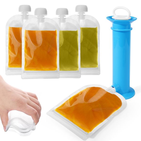 BABORUI Reusable Baby Food Pouches Filler Kit, Portable Baby Food Pouches Refillable Kit for Applesauce Yogurt Smoothie, Baby Food Maker with 4pcs Reusable Pouches for Toddlers Baby(Clear)