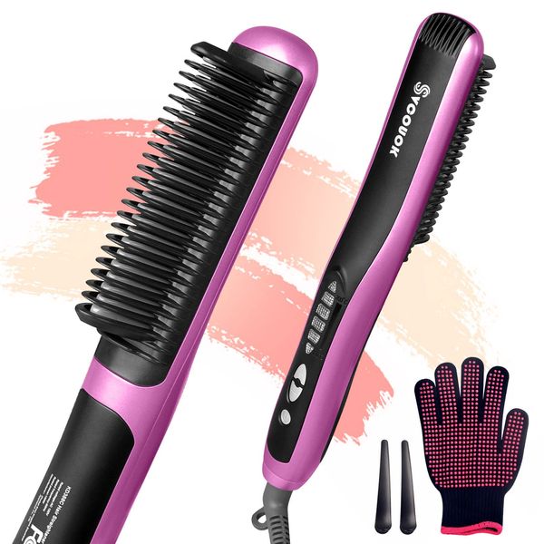 Straightening Comb for Hair Electric - 2-in-1 Hot Brush Hair Straightener Ceramic Fast Heating Hair Straightener Brush with Auto-Off & Anti Scald Straightener Brush Thick Hair for Home, Salon, Travel