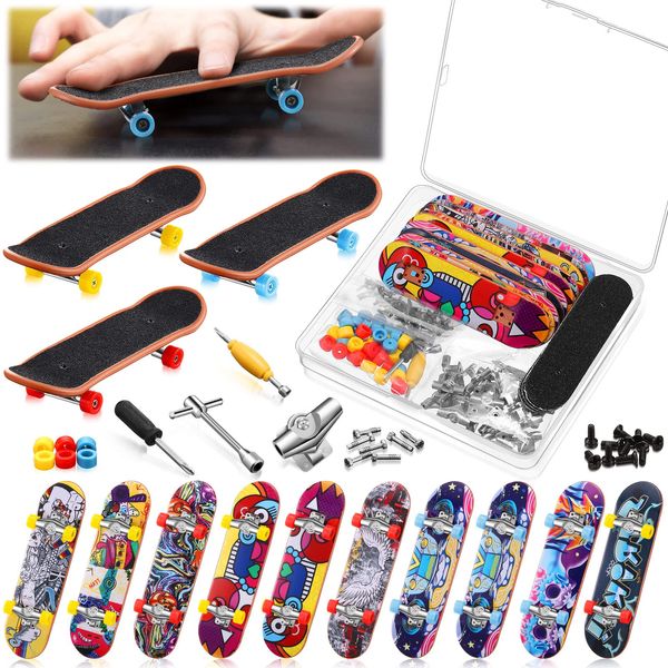 Civaner 10 Pack DIY Kids Finger Skateboard Set with Box and Replacement Accessories, Mini Collectible Fingerboard, Finger Toy Kit, for Kids Children Finger Skater