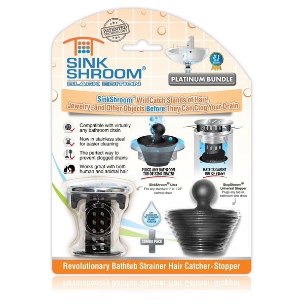 SinkShroom Black Strainer Drain Protector Hair Catcher w/ Stopper Plug for Sinks