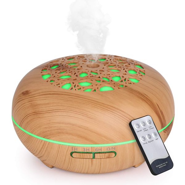 WD&CD 550ML Essential Oil Diffusers Ultrasonic Aroma Diffuser Humidifier Cool Mist with Remote Control, Waterless Auto-off, Adjustable Mist Mode, 7 Colors, 3 Timer Setting (Light Wood Grain)