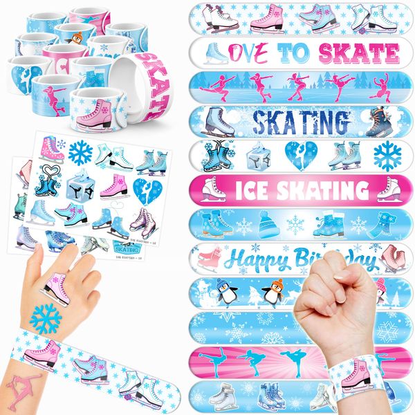 48 Ice Skating 24PCS Ice Skating Temporary Tattoos Sticker 24PCS Slap Bracelets Perfect for Themed Birthday Baby Showers or Classroom Rewards Ideal Decor and Gifts for Girls and Boys