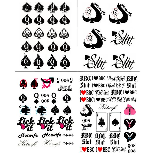 4 Sheets BBC Queen of Spades Temporary Tattoo Sticker Total 81(15X21cm) QoS Hardcore Words Phrases