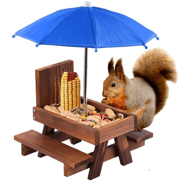 Squirrel Feeder Picnic Table with Umbrella, Wooden Squirrel Feeders for Outside with Corn Cobs, Cute Chipmunk Feeder with Solid Structure for Squirrel Gift (Blue)