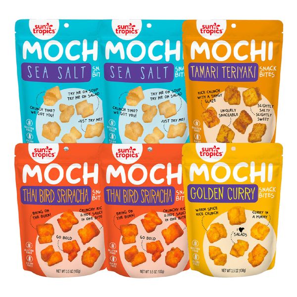 Sun Tropics Mochi Snack Bites, Variety Pack- 3.5 oz (6 Pack) | Crispy Crunchy Mochi Bites, Rice Nuggets | Mochi Puff Rice Crackers- Gluten Free & Dairy Free- No MSG Added | Asian Rice Snacks