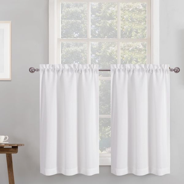 Chyhomenyc 2 Panels White Kitchen Curtains 36 Inch Length Tier Curtains, Faux Linen Textured Small Cafe Curtains, Light Filtering Short Window Curtains for Bathroom Basement, 30x36 inch, 2PCS