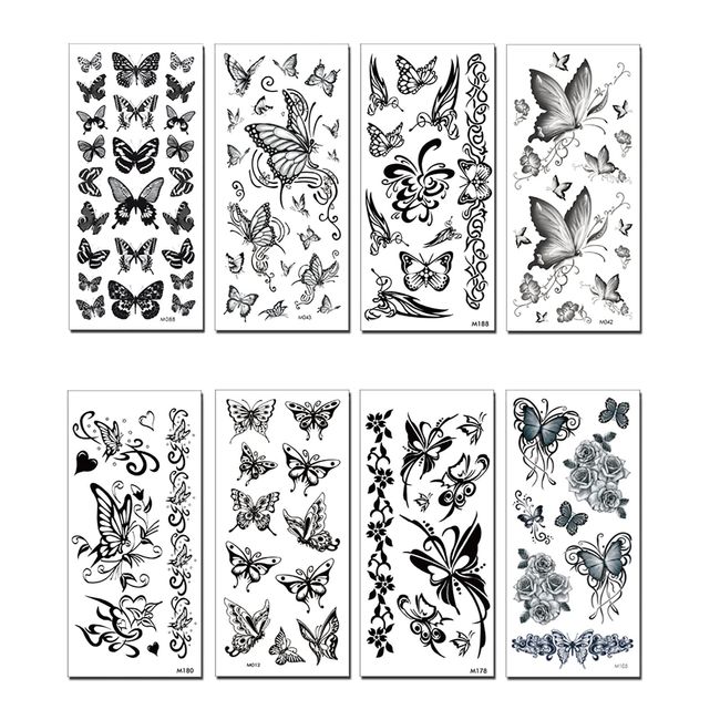 BAOXIAOBEN 8 Sheets Black Butterfly Temporary Tattoos Waterproof Long lasting Fake Tattoos Sexy Realistic Arm Tattoos Stickers for Women Girls