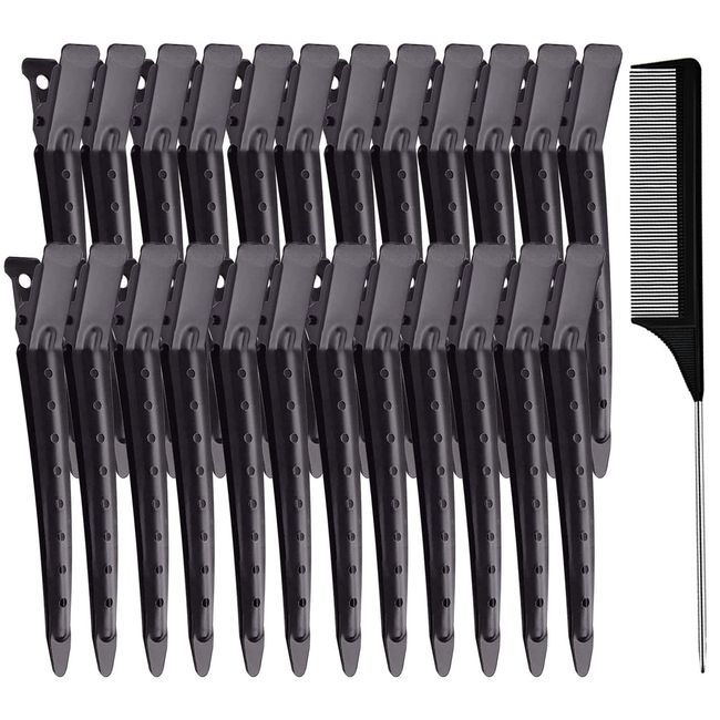 24 Stück 3,5 Zoll Haarclips,Haarspangen,Haarklammern,Haarclips mit Kamm,EnteBill Abteilklammern Friseurbedarf aus Metall, Alligator Curl Clips mit Löchern für Damen Mädchen Haar Styling(Schwarz)