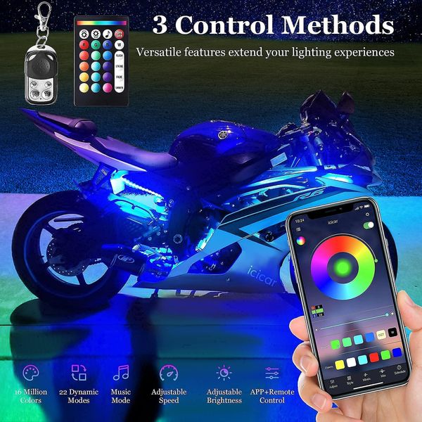 8PCS Motorcycle LED Underglow Kit, icicar Motorcycle Lights App Control Music Sync RGB LED Motorcycle Lights Brake Light Waterproof Dual Remote Motorcycle Underglow LED Light Kit for UTV ATV Golf Cart