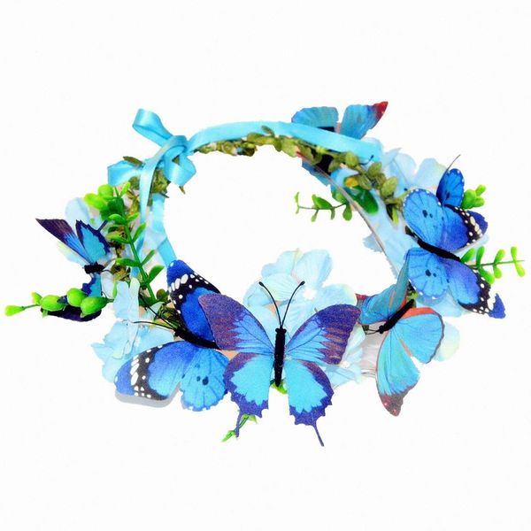 Alove Ditto Blue Butterflies Crown Flowers Headband Hair Wreath Floral Garland Headpiece