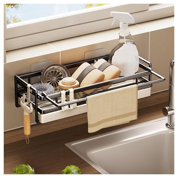 NUODWELL Wall Mounted Kitchen Sink Caddy, Washing up Organiser with Drip Tray Removable Kitchen Sink Organiser No-Drilling Sponge Brush Cloth Organizer with Hook