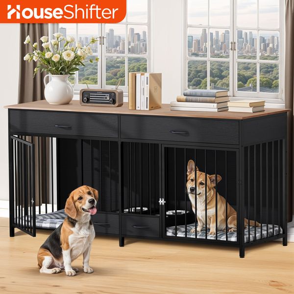 74" Dog Kennel Pet Bowls Modern Crate Metal Cage Storage Feeding Large Tabletop