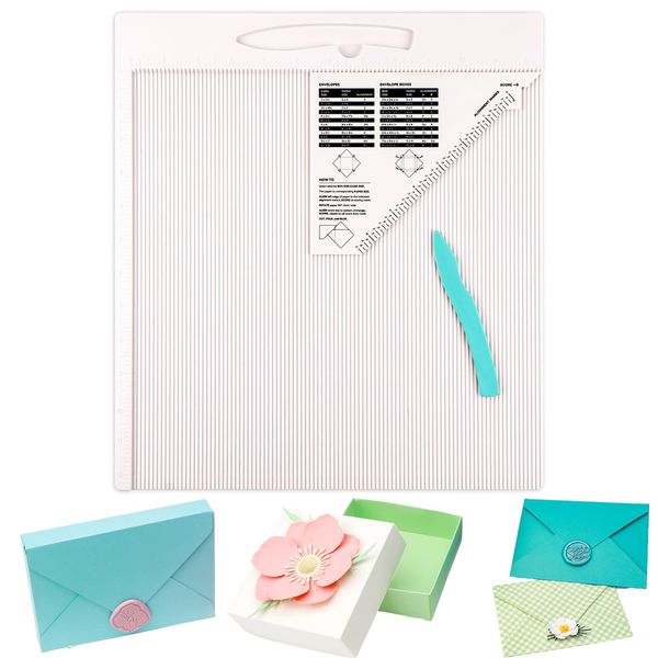 Scoring Board for Envelopes, Gift Boxes & Paper Crafts - 12x12" Multi-Purpose Scoreboard with Bone Folder & Triangular Guide - Envelope Maker Paper Folding Tool for Card Making, Scrapbooking Supplies