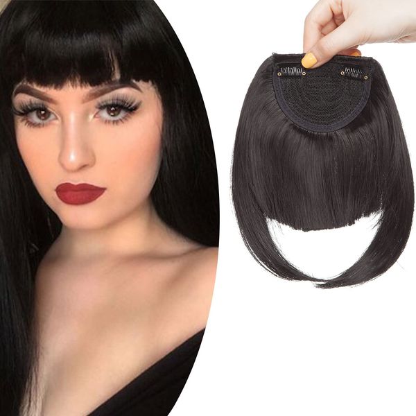 SEGO Clip in Pony Haarteil Extensions Fringe Bangs One Piece In Front Hair Verlängerung wie Echthaar Dunkel Schwarz