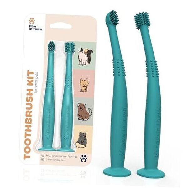 Silicone Cat Toothbrush Set – 2 Mini Head Brushes – Kitten/Cat Tropical Teal